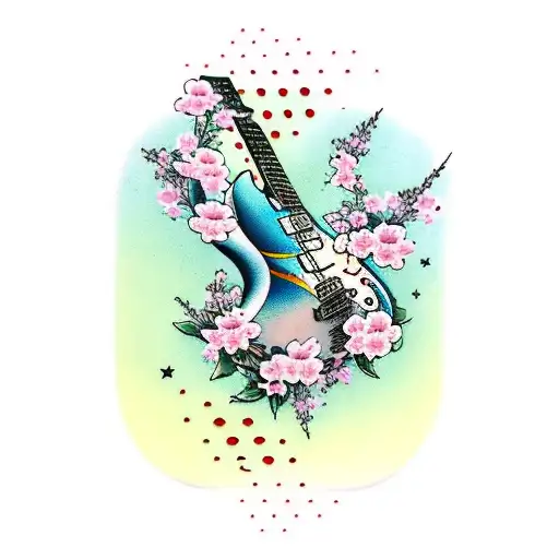 Guitar With Cherry Blossoms And Stars