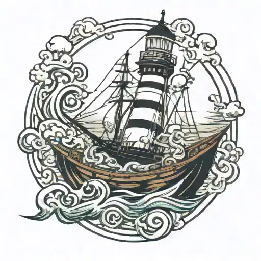 Ship Sailing Through Stormy Seas To A Lightouse With An Octopus In The Water