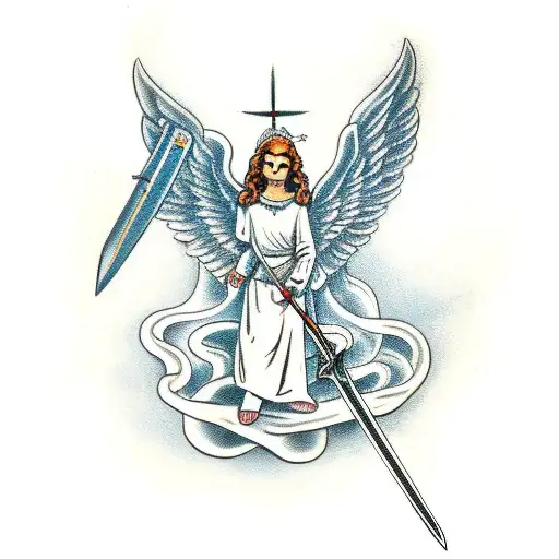 An Angel Holding A Sword And Cutting Off The Head Of A Snake