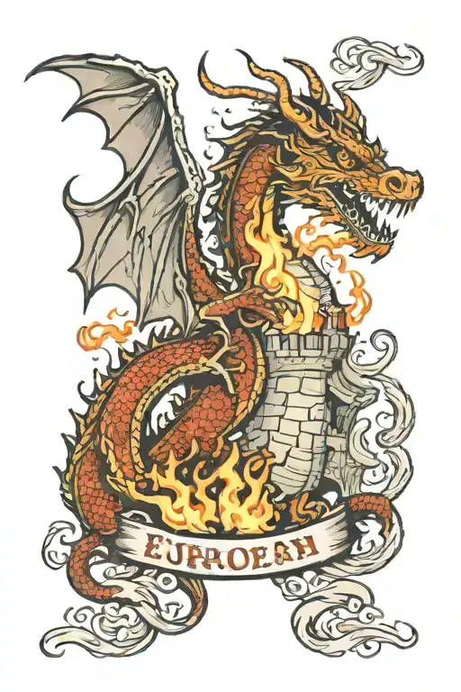 European Dragon With Fire And Castle Surrounded
