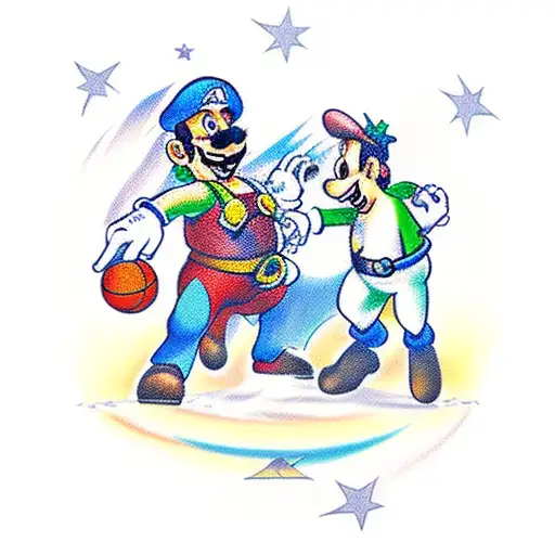 A Traditional Style Tattoo Of Super Mario And Yoshi Playing Basketball In Space