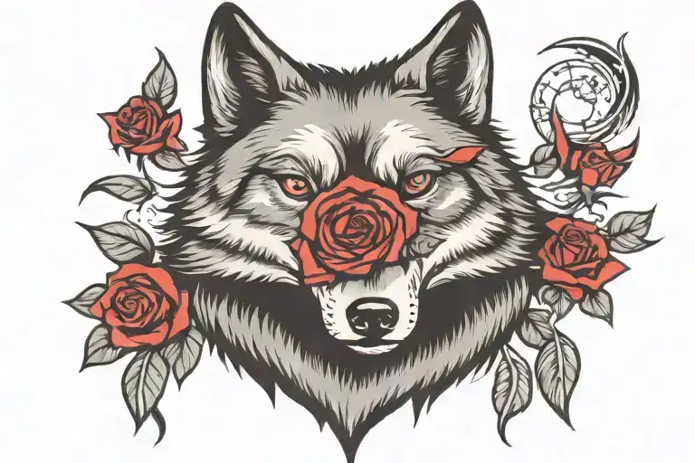 Old School Wolf Hesd With Red Hood And Rose Tattoo