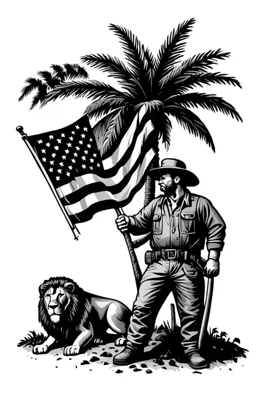 Coal Miner Holding Americna Flag And Lion Sitting Under Palm Tree
