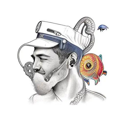 A Realistic Portrait Of A Neurodiagnostic Technologist With A Cat And Sea Creatures As Companions Tattoo