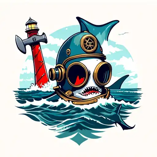 American Traditional Dive Helmet And Hammer Head Shark And Lighthouse Tattoo