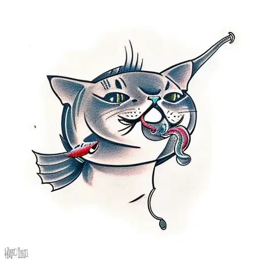 Cats Head With A Fish In The Mouth