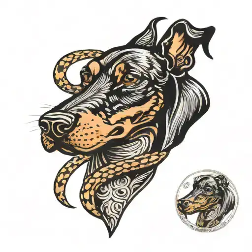 Doberman Dog Wrapped With A Snake Ready To Strike With Hidden Semicolon