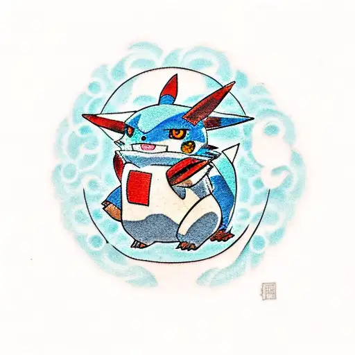 A Traditional Japanese-style Tattoo Featuring A Pokemon And A Gundam