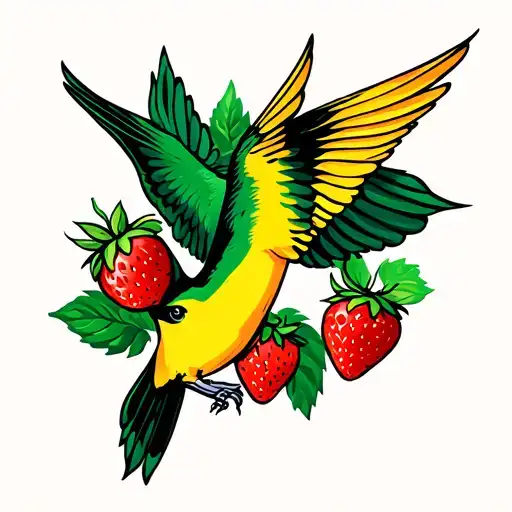 Black Green And Yellow American Swallow Flying With Black Strawberry