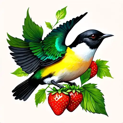 Black Green And Yellow American Swallow Flying With Black Strawberry