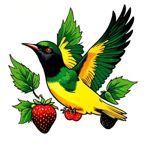 Black Green And Yellow American Swallow Flying With Black Strawberry