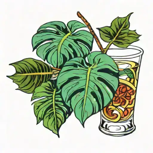 Only One Cocktail Cocktail Glass With A Monstera Plant Vine With Two Leaves