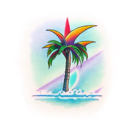 Forearm Tattoo With A Frame In Which There Are Two Realistic Palm Trees And One Colored Sun