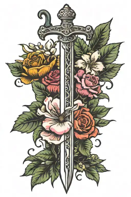 Sword With Flowers Blooming And German Symbol