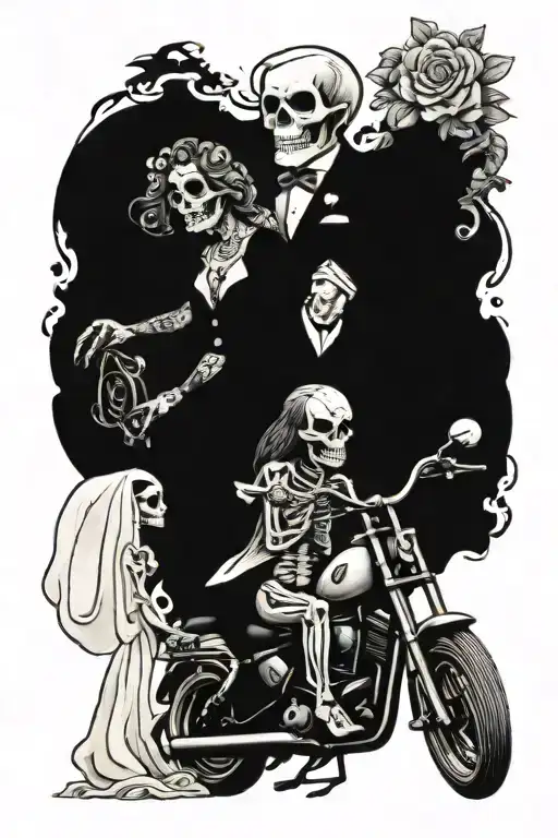 Skeleton Bride Groom Motorcycle Riding