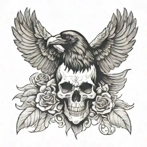 Raven With Wings Spread On A Skull