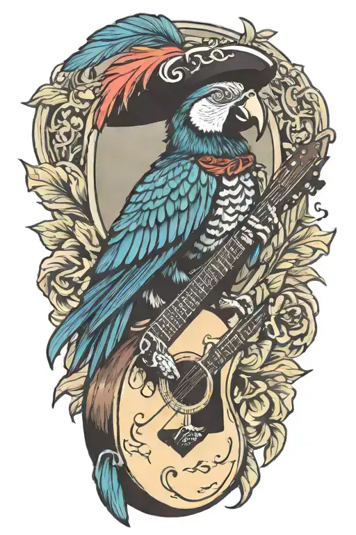 Parrot Pirate Hat Perched On Guitar