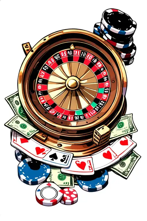 A Tattoo Sleve With A Roulette Wheel With Poker Chips And Dice And Money