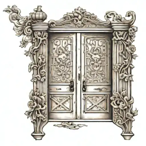 A Realistic Tattoo Of A Double Door Open To Heaven With Detailed Designs On Door Panels