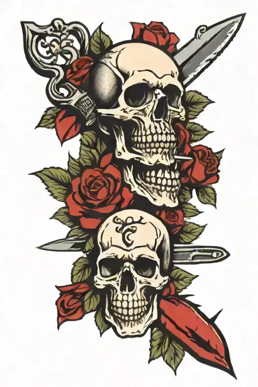 Skull With Roses And A Knife Hitting The Heart