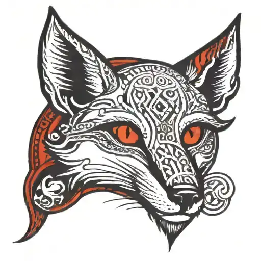 Ouroboros Fox With Tarot Card Devil In Red Blue Tones