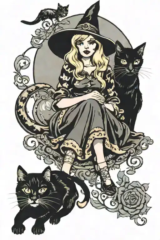Blonde Witch With Black Cat Sitting