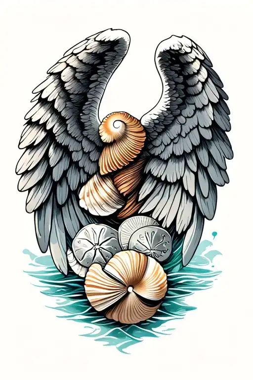 A Minimalist Tattoo Of Angel Wings Made Of Seashells And Sand Dollars