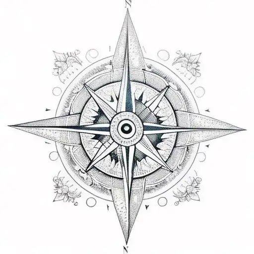 A Detailed Compass Surrounded By Intricate Dotwork Foliage And A Blooming Sunflower