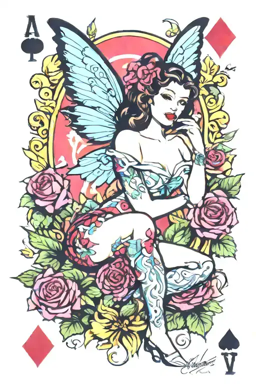 Pin Up Fairy With Wings Playing Cards With Tribal Garden Background