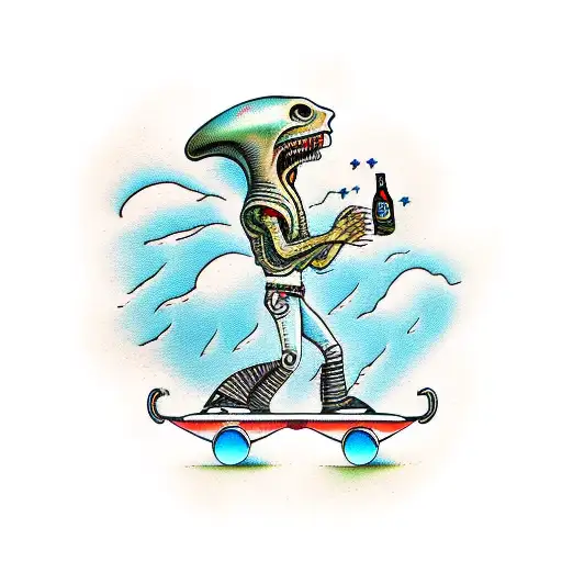 Alien Riding A Skate And Drinking Beer