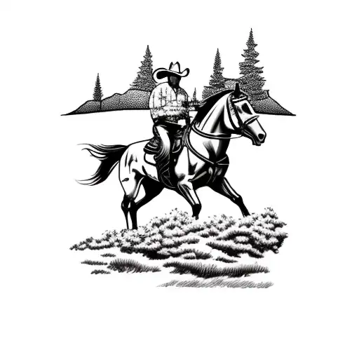 A Bucking Horse With A Cowboy And Scenery In Background With Trees