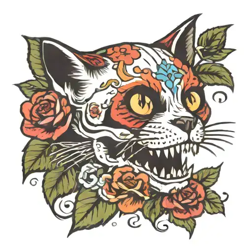 Scull Cat With Flowers