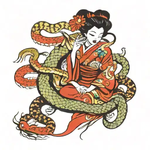 Japanese Geisha Surrounded By Snake And Dragon Intertwined