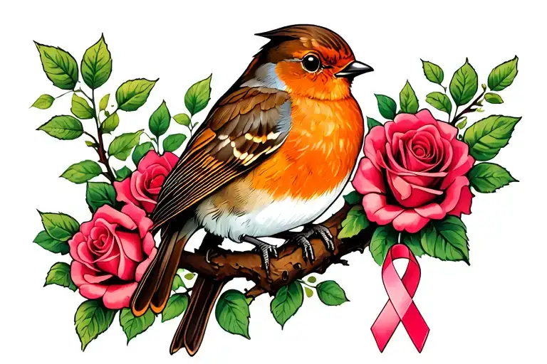 Robin Sitting On Branch With Roses Around It With A Cancer Ribbon Hanging On The Branch