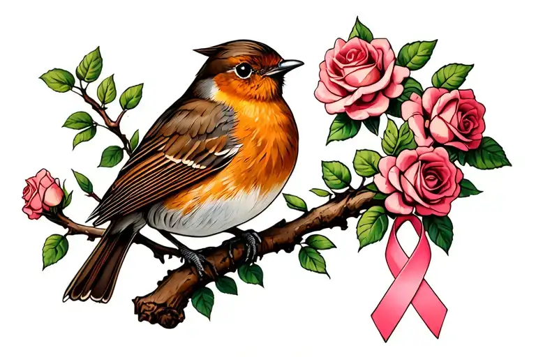 Robin Sitting On Branch With Roses Around It With A Cancer Ribbon Hanging On The Branch