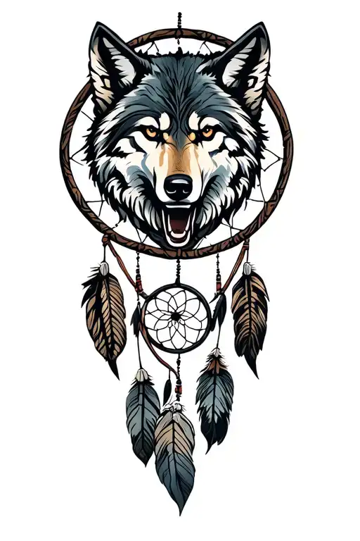 Dreamcatcher Intertwined With Maori Design Featuring A Wolf