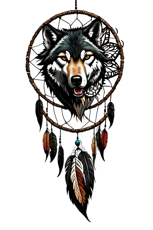 Dreamcatcher Intertwined With Maori Design Featuring A Wolf On The Right Hand Side