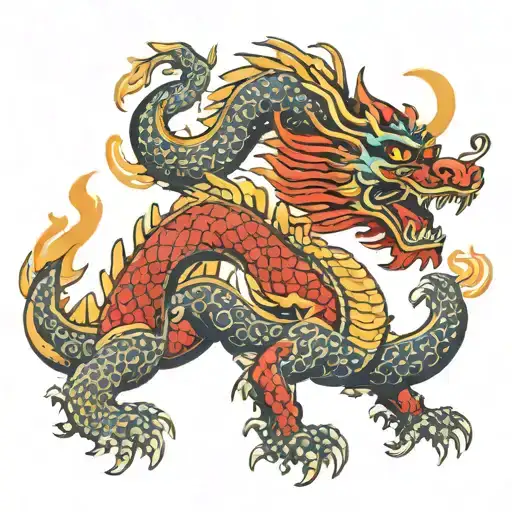 A Chinese Dragon Writhing Around Hieroglyphs Of Strength And Luck