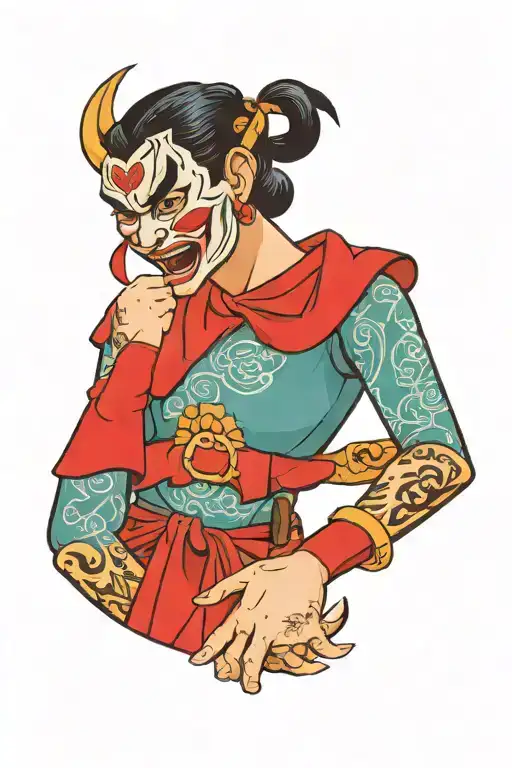 Woman Removing An Oni Mask