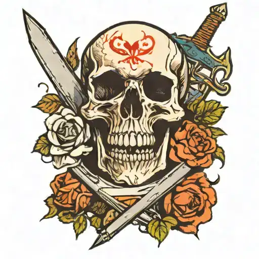 A Skull Surrounded By Smoking With A Sword In Roses