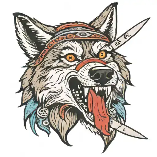 Traditional Wolf With A Bandana Holding A Knife In Its Mouth