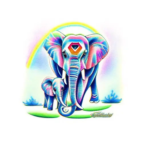 2 Adult Elephants With 1 Baby Elephant With The Tree Of Life In The Backgound Rainbow Glow