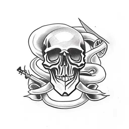 Skull With Dagger Embedded In The Top And A Snake Around It