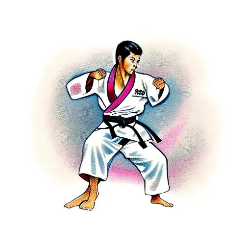Karate Competitor In A Kimono And A Black Belt Punching To The Side