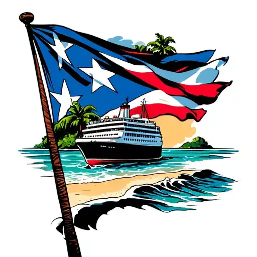 Puerto Rico Flag With Beach Scene And A Cruise Ship
