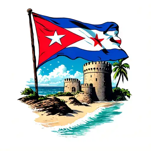 Puerto Rico Flag With Beach Scene And A Fort