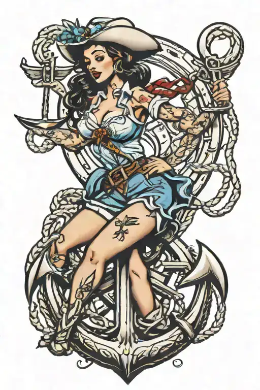 A Pinup Cowgirl Riding A Ship's Anchor Intertwined