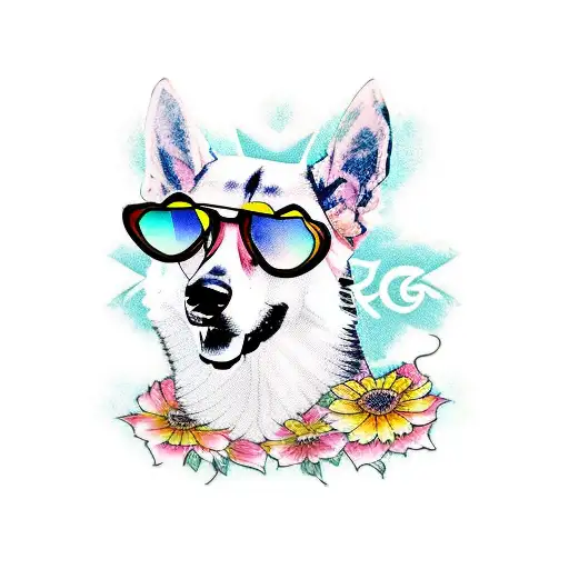 German Shepherd Dog With Flower Shirt And Sunglasses On Sunset Background
