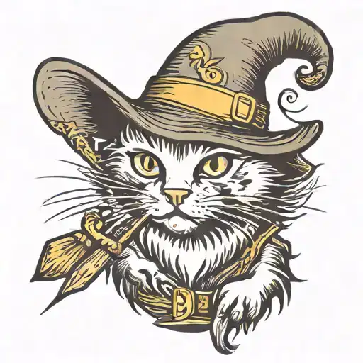 Cat Witch With Stick And Hat