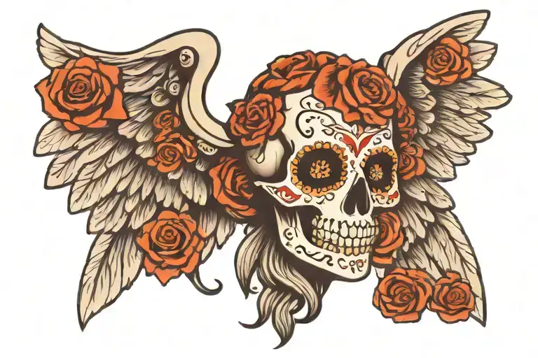 Sugar Skull With Angel Wings Spread Wide